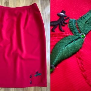Vintage Embroidered Novelty Skirt *20W* RED Apple Midi Pencil Skirt Pockets